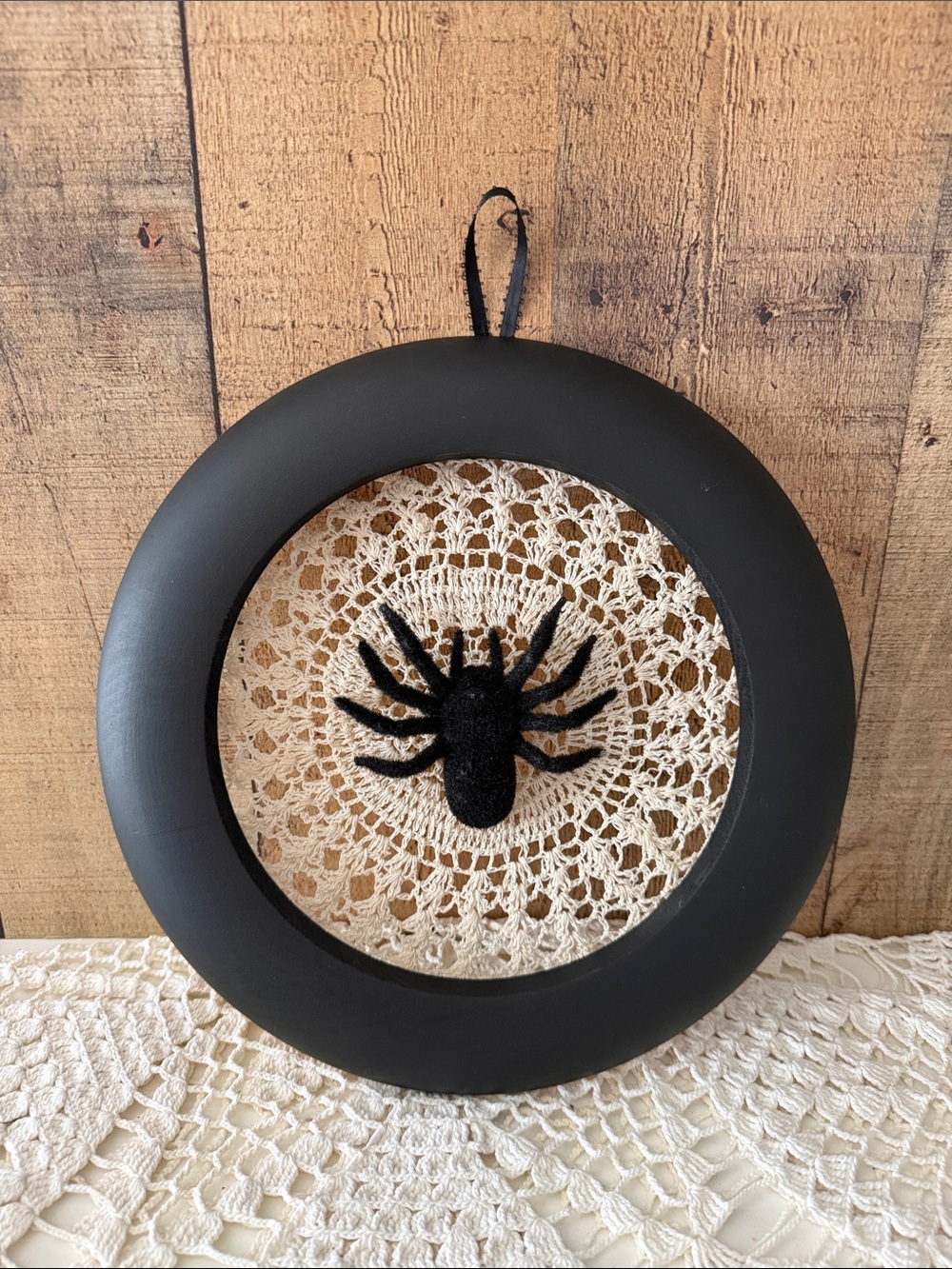Handcrafted Upcycled Black Spider In Web Wall Decor with Crochet Backing